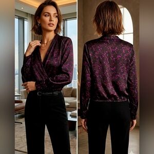Express Black & Purple Satin V-Neck Wrap Blouse